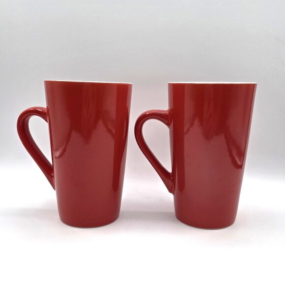 Starbucks 2 Tall Red Mugs Cups Green Mermaid Siren Logo 16 Fl Oz Ea. Coffee Tea - Picture 3 of 9